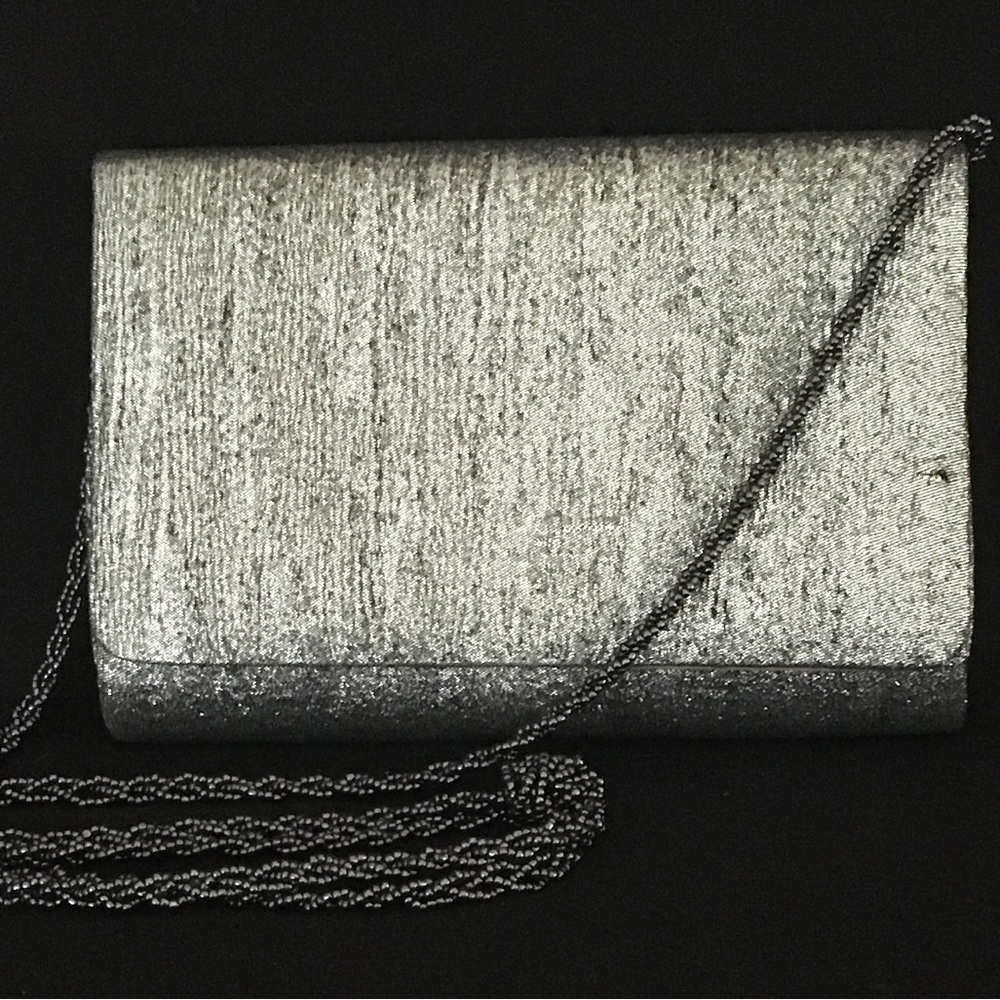 La Regale Silver Evening Bag Long Beaded Strap